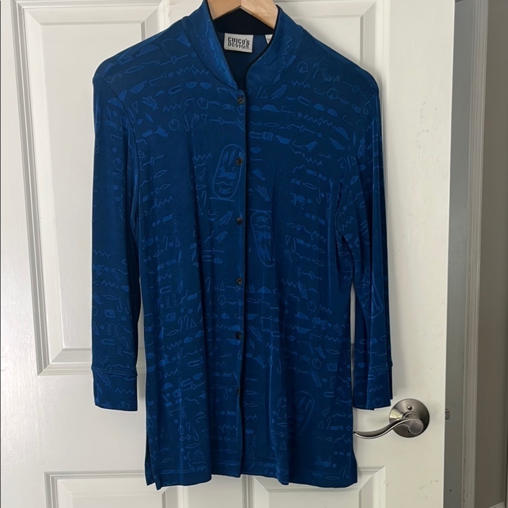Vintage Chico's Jewel Blue lightweight Button down tunic aztec cardigan travel